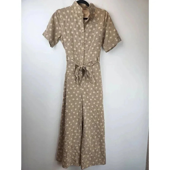 Roolee Pant Jumpsuit Tan Polka-dot Sizs Small - Picture 1 of 11